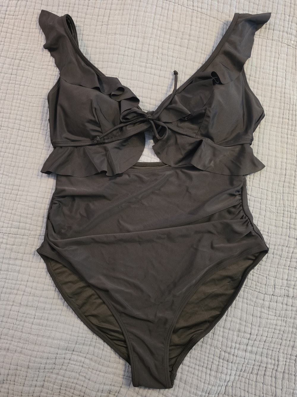 Ladies One-Piece Swimsuit in Black with Ruffle Detail